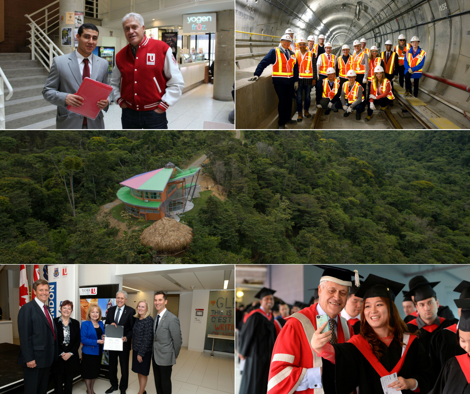 Collage of five photos, all containing photos of the President and York U community members.