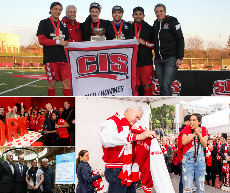 Collage of Five photos, all featuring the President with York U community members.